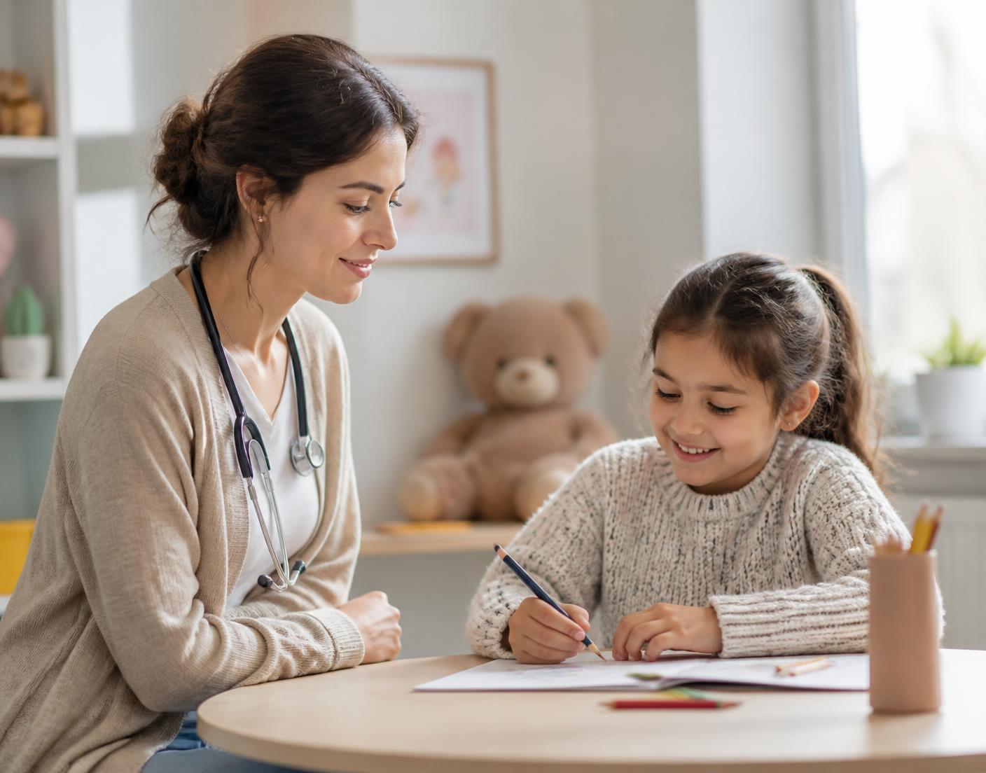A paediatric clinician sitting at a table with a smiling child in a bright clinic room